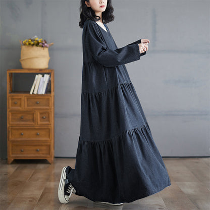 [洋裝] 春秋冬復古寬鬆大尺碼長袖牛仔連身裙