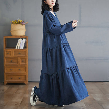 【24AW】【ワンピース】レトロ ゆったり プラスサイズ 長袖デニムワンピース