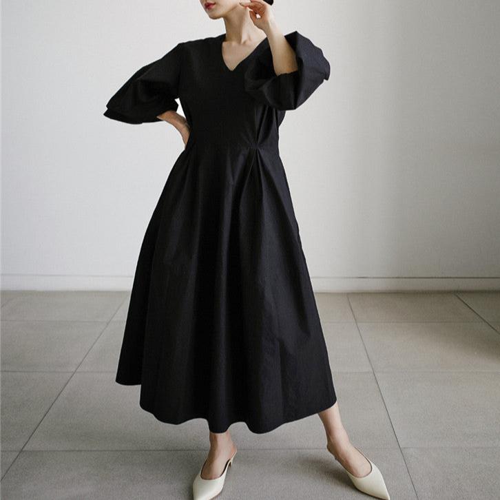 【ワンピース】春秋 ゆったり プラスサイズ Vネック ランタンスリーブ 長袖ワンピース