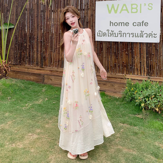 【ワンピース】ホルターネック ワンピース フレンチリゾート 立体フラワー ノースリーブワンピース 上品 きれいめ ビーチドレス【SHシリーズ】