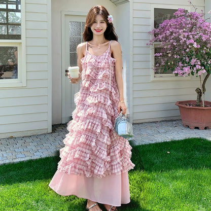 【ワンピース】カラフルチュール切替シフォンキャミワンピース レディース 夏新作 リゾート ティアード ロング丈 体型カバー おしゃれ【SHシリーズ】