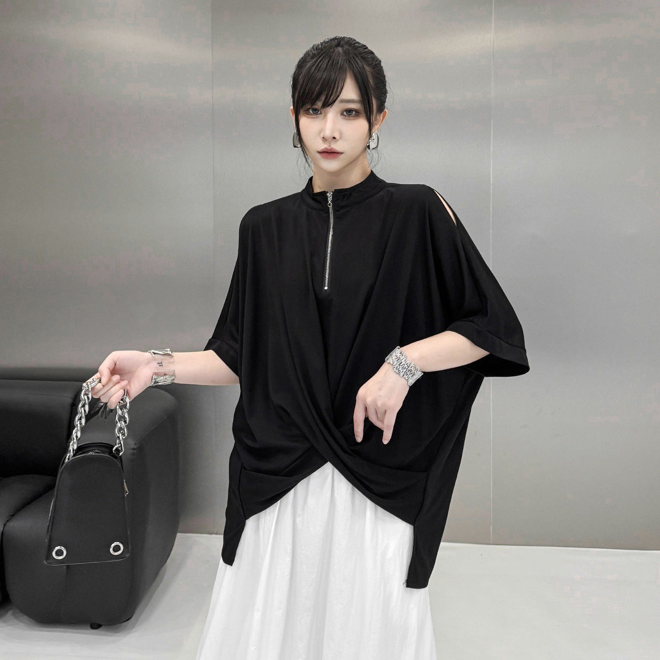 【トップス】モード系 ジップデザインTシャツ レディース 夏 半袖 アシンメトリー 裾デザイン ゆったり【AHシリーズ】