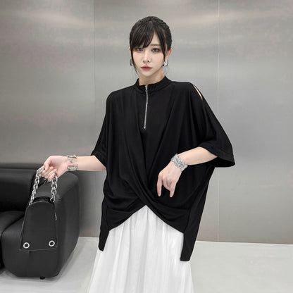 【トップス】モード系 ジップデザインTシャツ レディース 夏 半袖 アシンメトリー 裾デザイン ゆったり【AHシリーズ】
