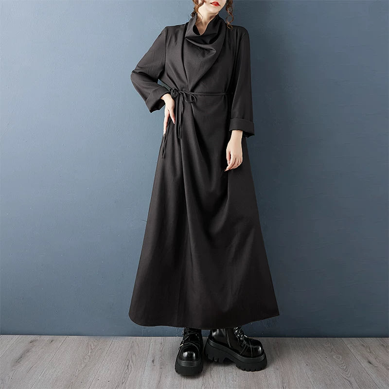 【ワンピース】モード系ドレープネックロングワンピース レディース 秋新作 ゆったり スリット入り 大人っぽい レトロ【JZシリーズ】