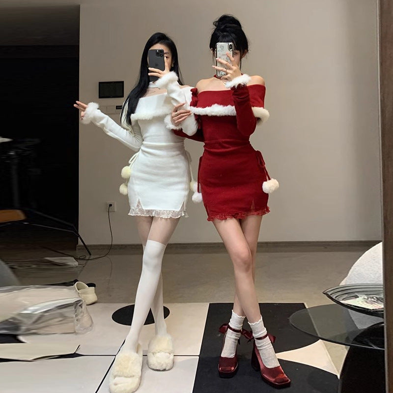 【クリスマス】セクシー クリスマス風 オフショルダー ファーワンピース 誕生日ミニドレス