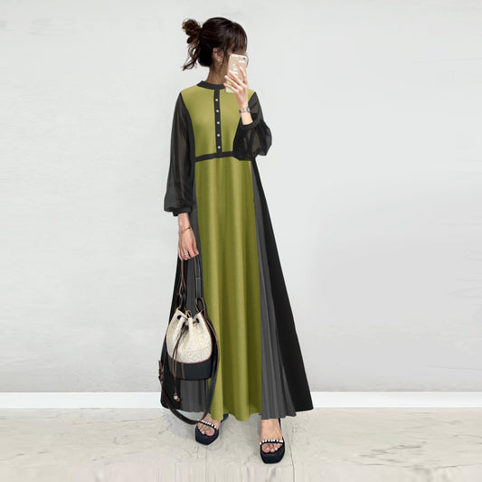 【ワンピース】新作 長袖ワンピース レディース 丸首 パフスリーブ ウエストゴム 切替 プリーツ デザイン