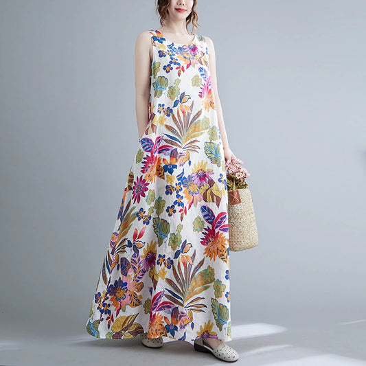 【ワンピース】レトロ カジュアル 定番 夏 フラワープリント ノースリーブ チュニックワンピース【SHシリーズ】