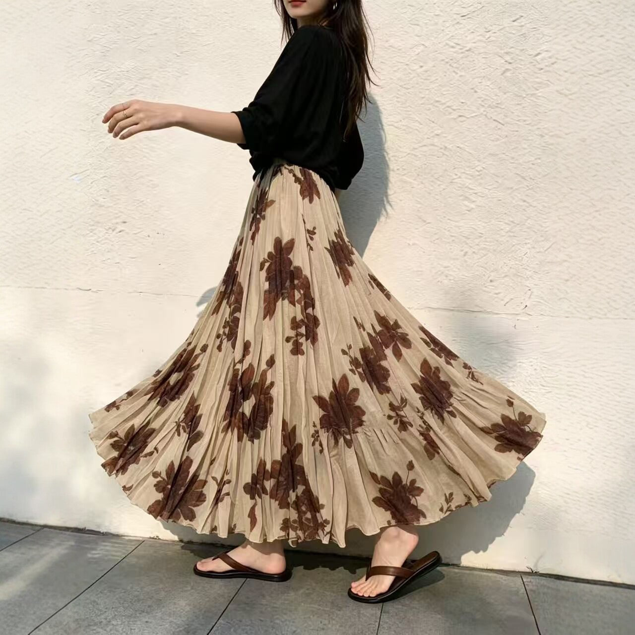 【ボトムス】花柄 スカート レディース 春夏 ハイウエスト フレア ロングスカート ゆったり 着痩せ 体型カバー 人気【SHシリーズ】