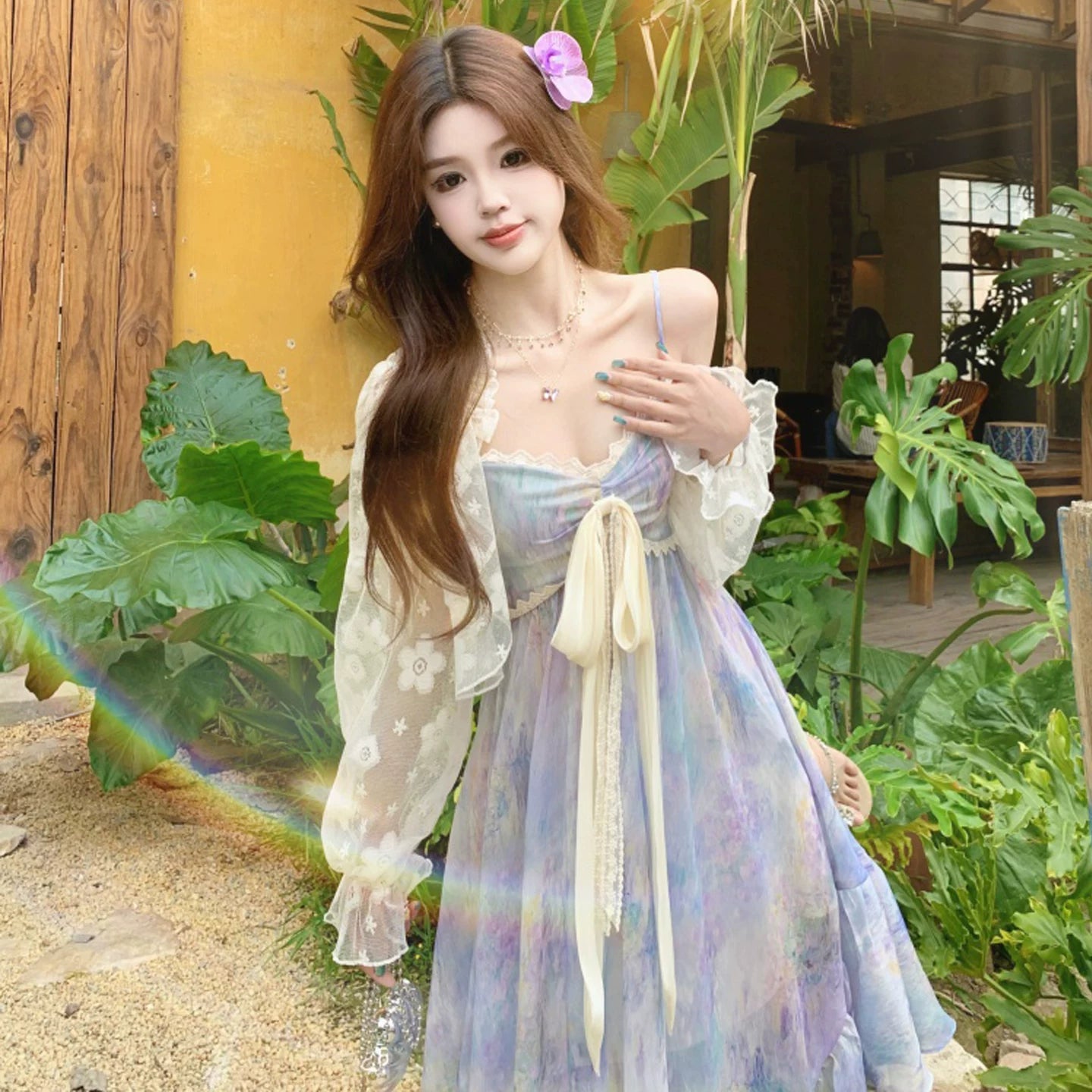 M~3XL【ワンピース】紫花柄キャミワンピース レディース 夏 アシンメトリー ノースリーブ ロング丈 リゾート【SHシリーズ】