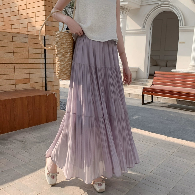 【ボトムス】ドレープ感 ハイウエスト フレアAライン シフォン ケーキプリーツスカート【JZシリーズ】