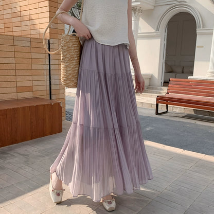 【ボトムス】ドレープ感 ハイウエスト フレアAライン シフォン ケーキプリーツスカート【JZシリーズ】