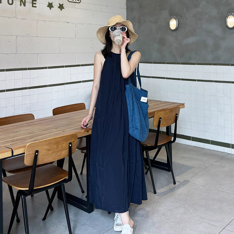 【ワンピース】フレンチ ロマンチック ホルターネック ワンピース｜上品 プリーツ ギャザー ロング丈｜ノースリーブ 高級感 通勤 オフィス カジュアル ゆるシルエット【JZシリーズ】