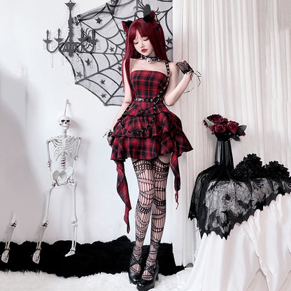 【ハロウィン】ゴシック ロリータ ドレス レディース ヤンキー系 Y2K チェック レース 甘辛ミックス ステージ衣装