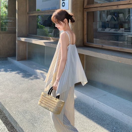 2点セット！【セットアップ】ベアトップ ストライプ ワイドパンツ 上下セット レディース 夏  ゆったり 人気 韓国コーデ【JZシリーズ】