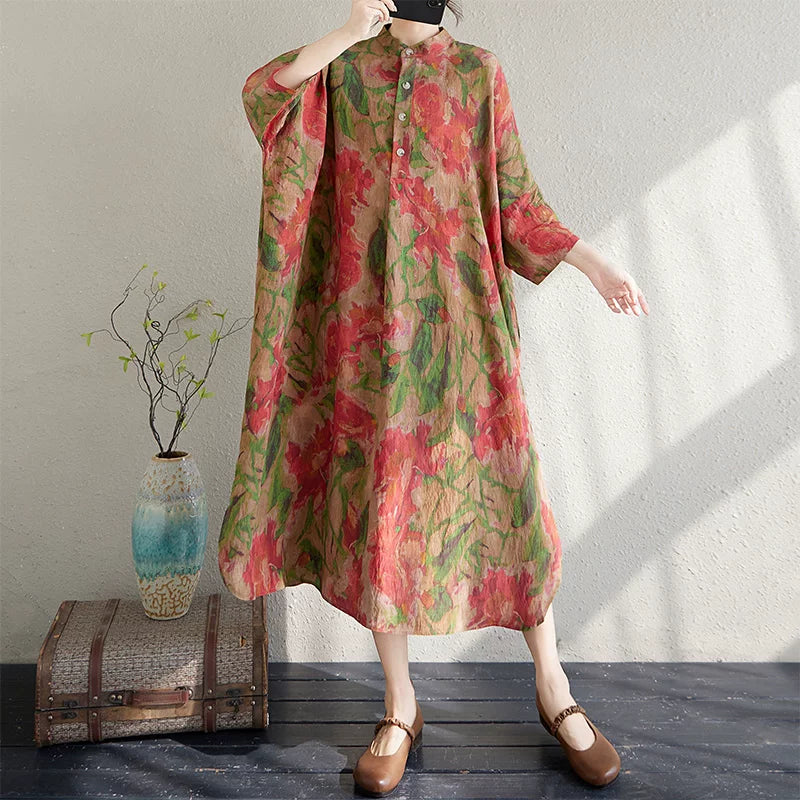 7カラー【ワンピース】気質 文芸風 レトロ コットンリネン 花柄 立襟 ゆったり 超ロング 大きいサイズ レディース 長袖リゾートワンピース【SHシリーズ】