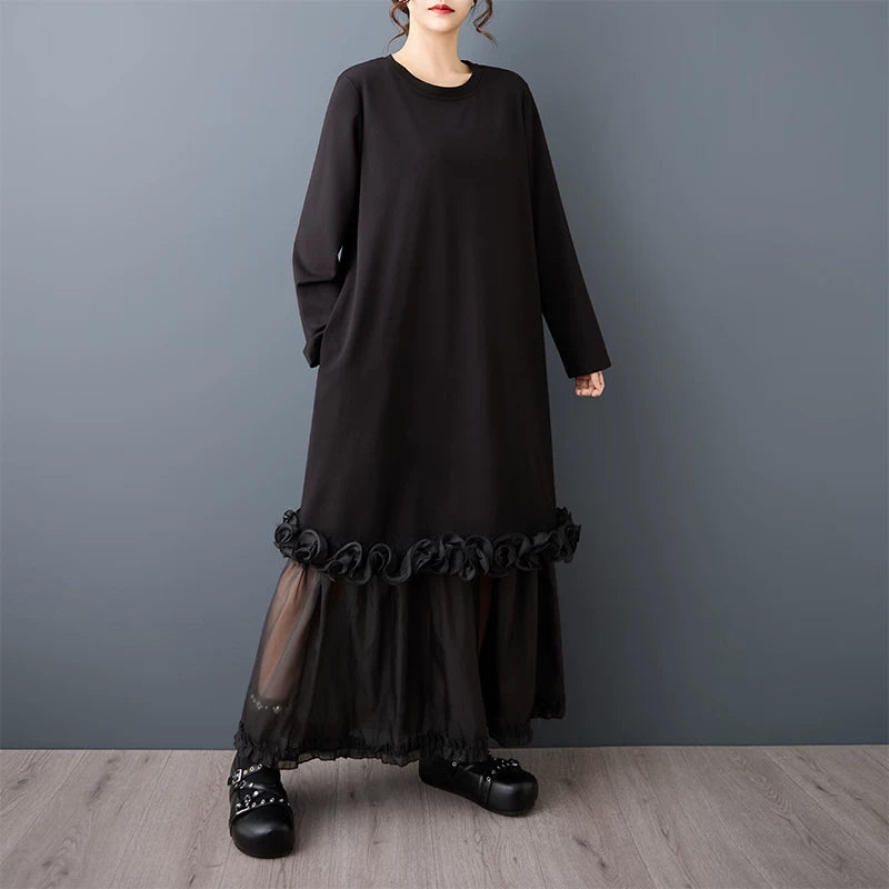 【ワンピース】ダークモード系 レディース チュール切替ワンピース レイヤード風 ゆったりシルエット【JZシリーズ】