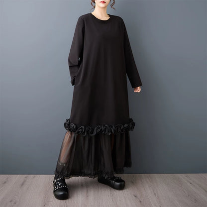 【ワンピース】ダークモード系 レディース チュール切替ワンピース レイヤード風 ゆったりシルエット【JZシリーズ】
