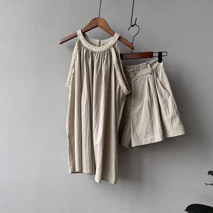 🎉 売り上げ急上昇！2点セット【セットアップ】夏 ラウンドネック フリルギャザー タンクトップ + ショートパンツ 2点上下セット 【JZシリーズ】