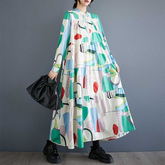 【ワンピース】韓国風 春秋新作 ゆったり大きめサイズ 体型カバー 花柄長袖ミディアムワンピース【SHシリーズ】