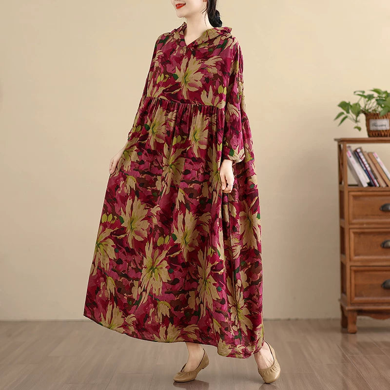 【60%OFF⭐️早い者勝ち】【ワンピース】上品 ナチュラル コットンリネン フード付き プリント 長袖ワンピース 大きいサイズ レディース ロングドレス【SHシリーズ】