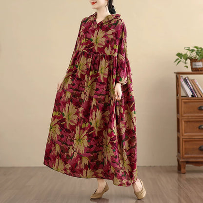 【60%OFF⭐️早い者勝ち】【ワンピース】上品 ナチュラル コットンリネン フード付き プリント 長袖ワンピース 大きいサイズ レディース ロングドレス【SHシリーズ】