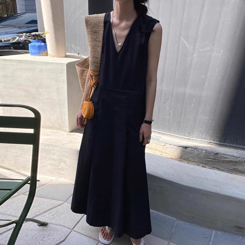 【ワンピース】夏 Vネック フリルギャザー タンクトップ ノースリーブ ワンピース