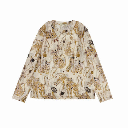 【トップス】ラウンドネック プリント 猫柄 長袖Tシャツ 【SHシリーズ】