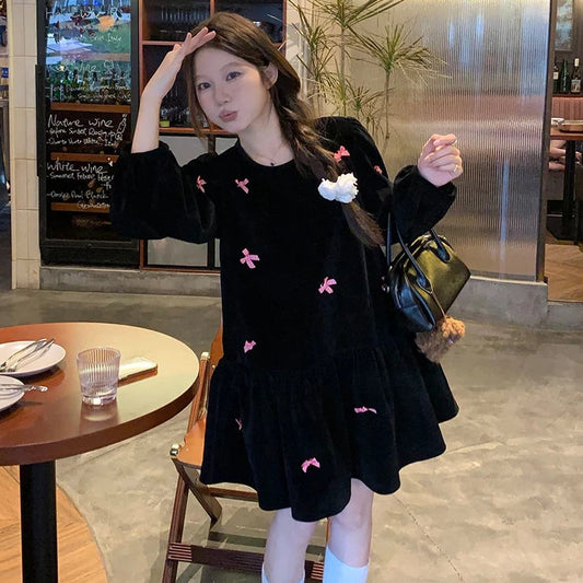 【ワンピース】レトロ 蝶結び ベルベット スウィート 合わせやすい 長袖ワンピース【SHシリーズ】