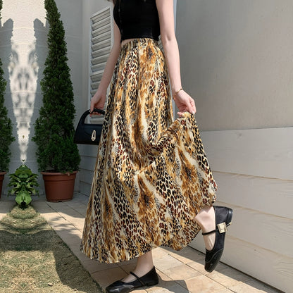 【ボトムス】レトロヒョウ柄スカート トレンド感 ゆったり フレアロングスカート 垂れ感シフォンAラインスカート【SHシリーズ】