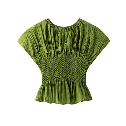 【トップス】夏 ビジュー付き プリーツデザイン クルーネック ブラウス 【SHシリーズ】