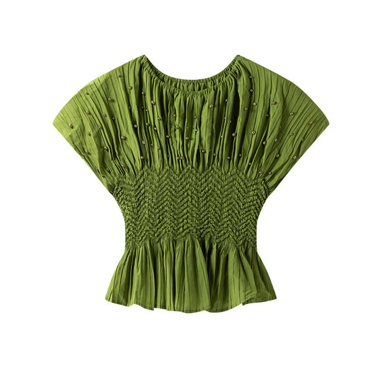 【トップス】夏 ビジュー付き プリーツデザイン クルーネック ブラウス 【SHシリーズ】