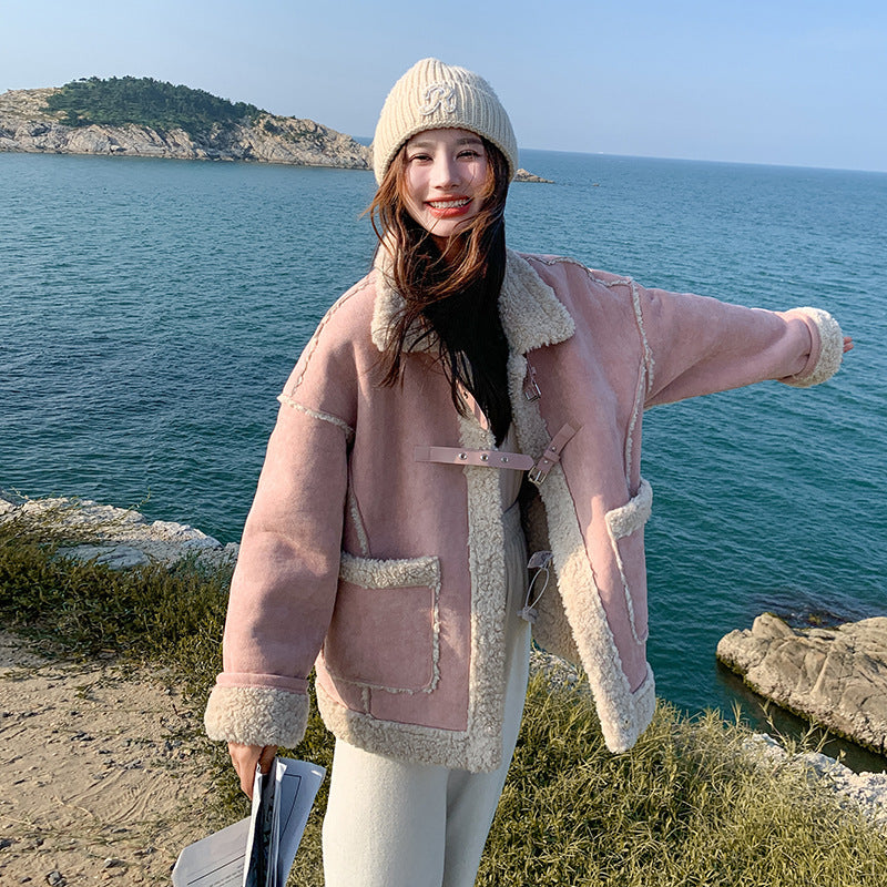 【アウター】冬新作 レディース ピンク スエード ボアコート フェイクムートン 厚手 あったか おしゃれ【JZシリーズ】