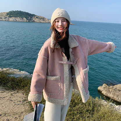 【アウター】冬新作 レディース ピンク スエード ボアコート フェイクムートン 厚手 あったか おしゃれ【JZシリーズ】