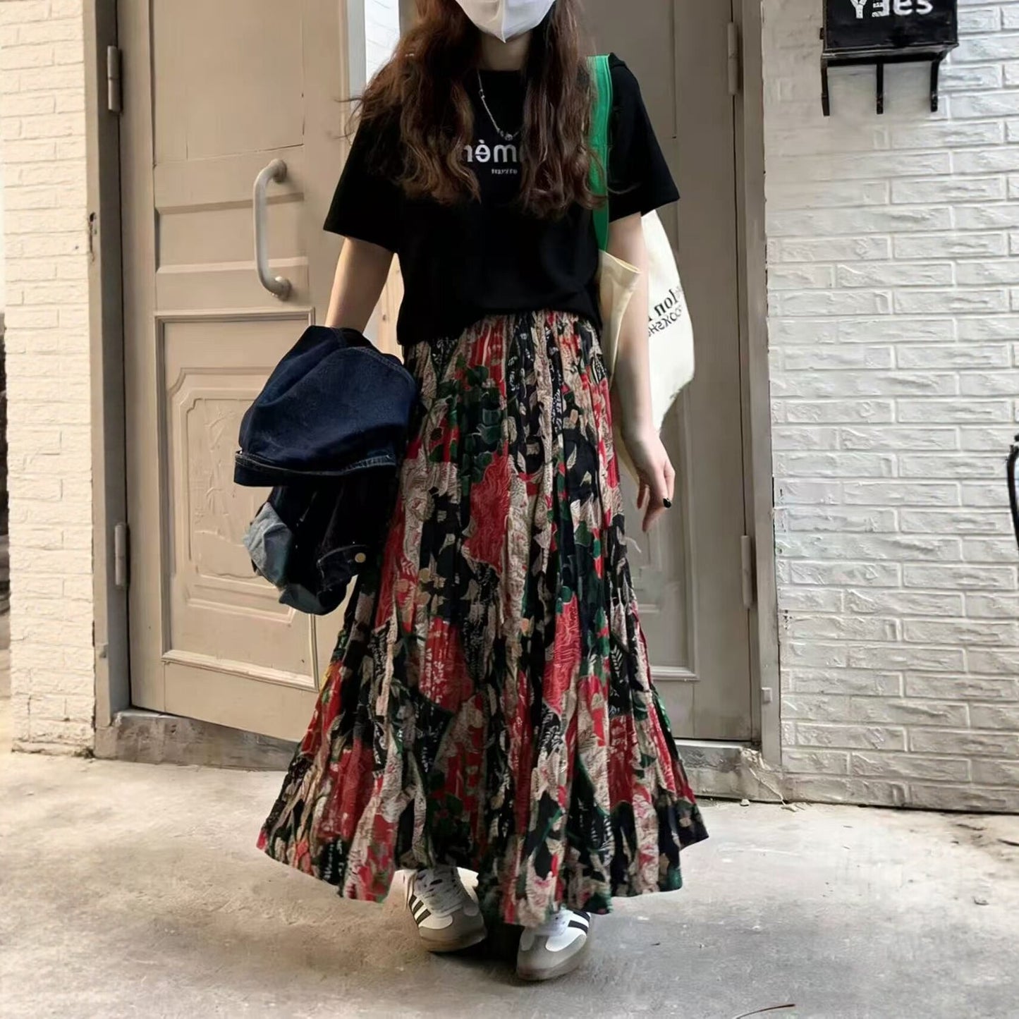 【ボトムス】レトロ柄 プリーツロングスカート レディース ハイウエスト フレアスカート 上品 ナチュラル おしゃれ デザインスカート【SHシリーズ】