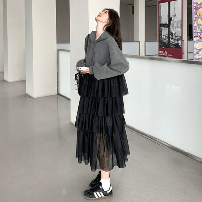 【ワンピース】春 秋 冬 デザイン性 新作 フード付き カジュアル 着痩せ 長袖ワンピース【JZシリーズ】