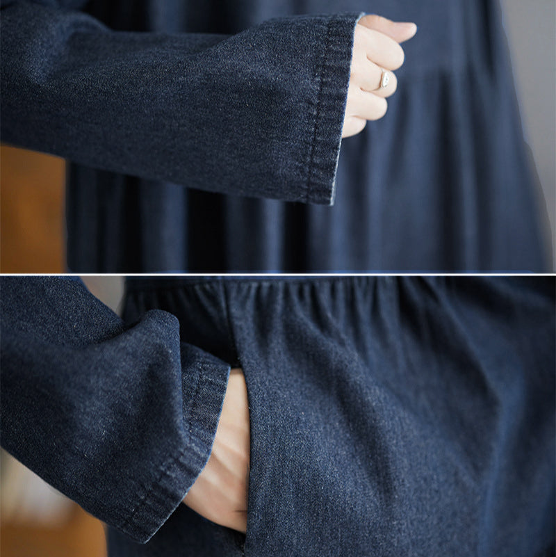 [洋裝] 春秋冬復古寬鬆大尺碼長袖牛仔連身裙