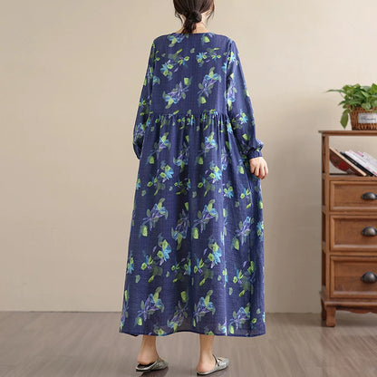 【ワンピース】アンティーク風 花柄 長袖 ロング ゆったり レーストリム ワンピース【SHシリーズ】