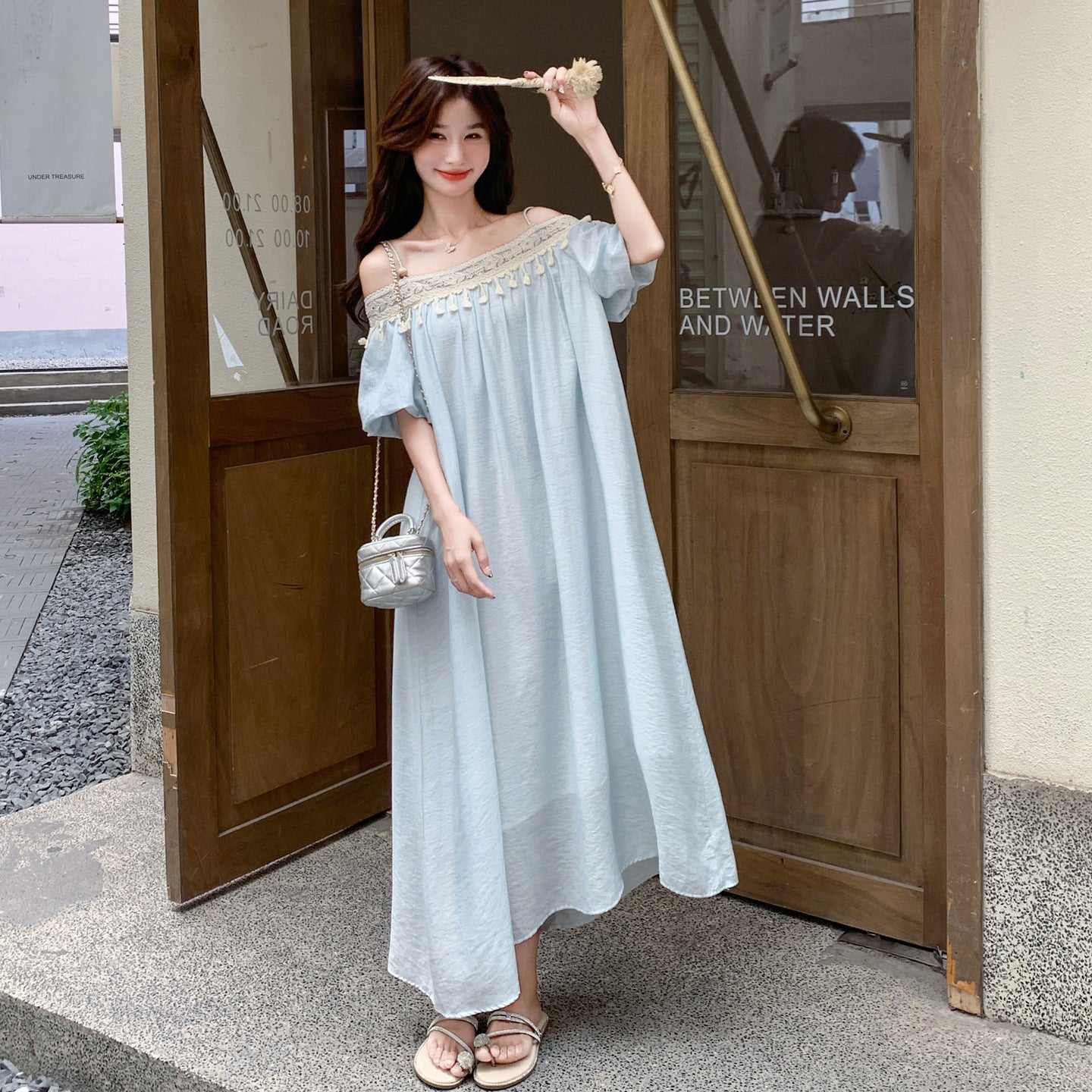 【ワンピース】ロマンチックバカンス風 ゆったりオフショルダー フリンジ ノースリーブワンピース