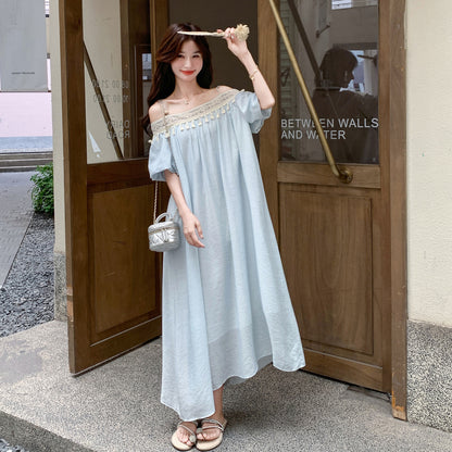 【ワンピース】ロマンチックバカンス風 ゆったりオフショルダー フリンジ ノースリーブワンピース