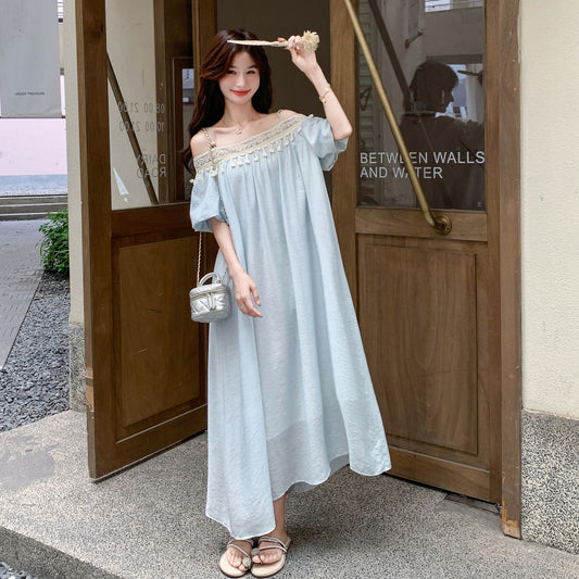 【ワンピース】ロマンチックバカンス風 ゆったりオフショルダー フリンジ ノースリーブワンピース