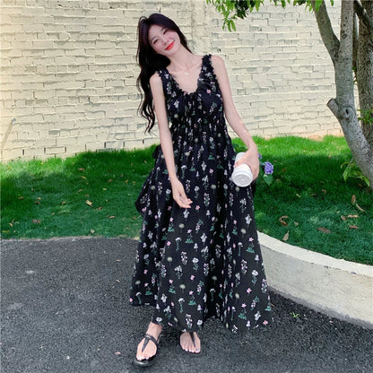 【ワンピース】花柄 キャミワンピース レディース 夏 ブラック Aライン ノースリーブ ロングワンピース 細見え 人気 リゾート風【SHシリーズ】