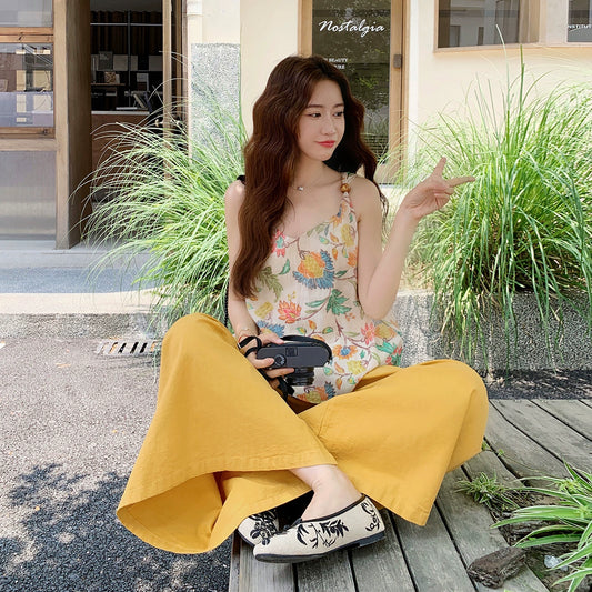 2点セット！【セットアップ】リゾート風 夏 ゆったり シェイプアップ トップス＋ワイドパンツ 上下セット【SHシリーズ】