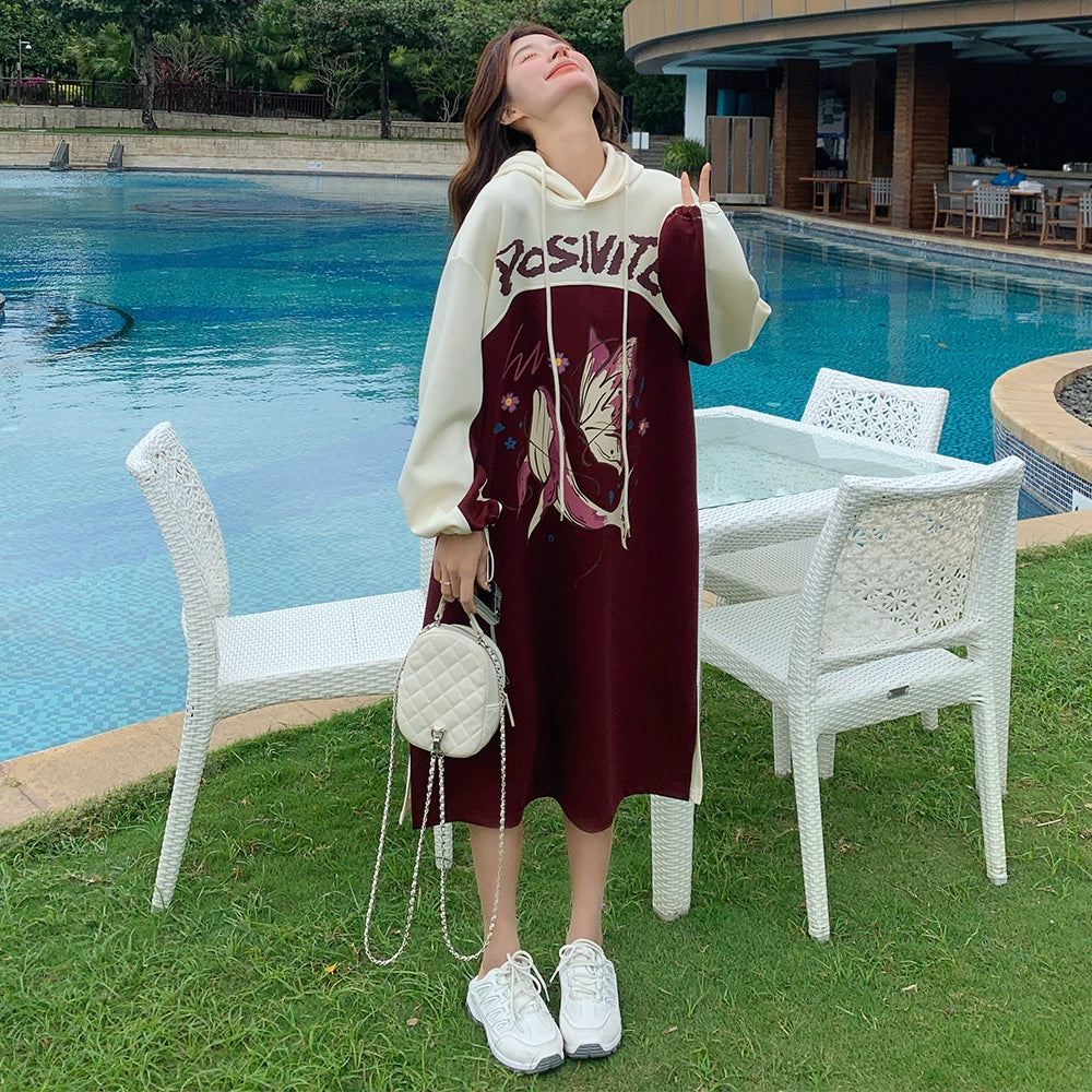 【ワンピース】韓国風カジュアル 配色 長袖スウェットワンピース レディース 春秋 人気 ゆったりフード付きロングワンピース【JZシリーズ】