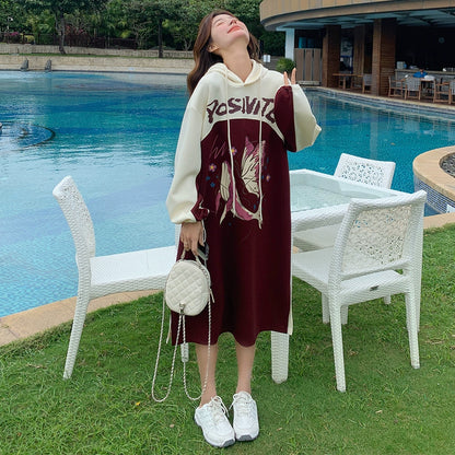 【ワンピース】韓国風カジュアル 配色 長袖スウェットワンピース レディース 春秋 人気 ゆったりフード付きロングワンピース【JZシリーズ】