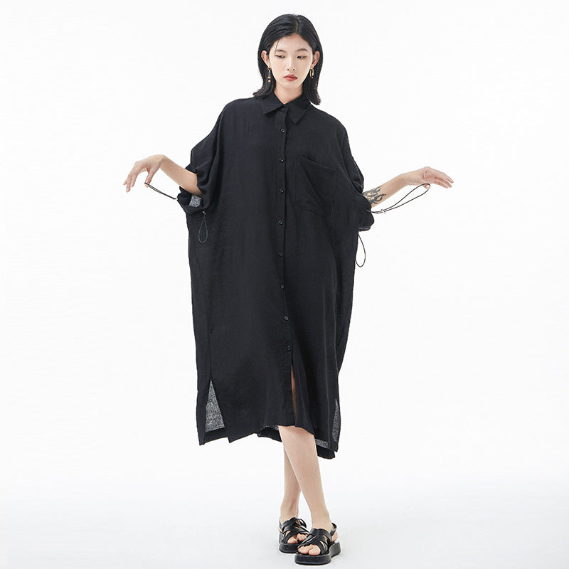 【ワンピース】韓国チック ギャザー 半袖 シャツワンピース レディース 夏 薄手 ロング丈 体型カバー おしゃれ 大人カジュアル【JZシリーズ】