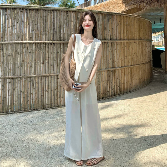 2点セット！【セットアップ】ベスト ワイドパンツ  上下セット レディース 春夏 ゆったり 体型カバー 人気 リゾートコーデ【JZシリーズ】