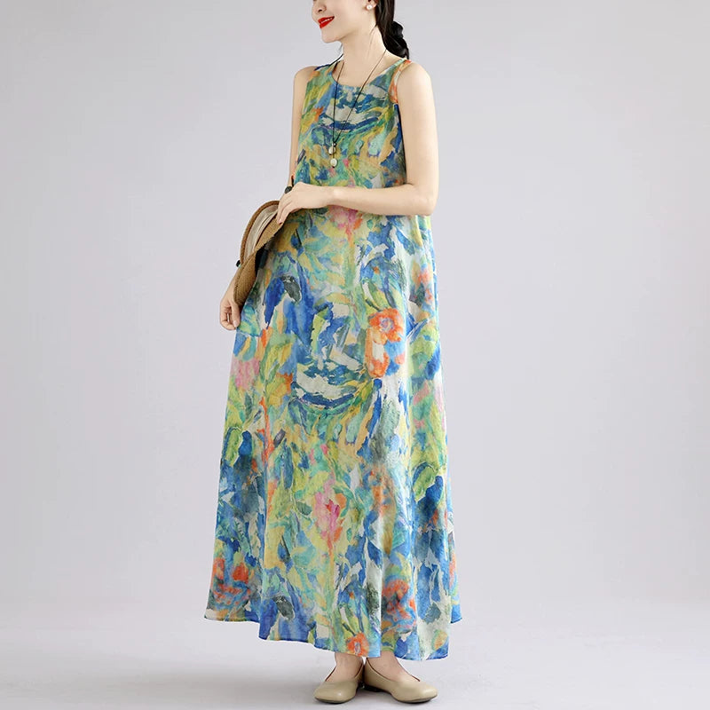 【ワンピース】ボヘミアン ロングワンピース レディース 大きいサイズ ノースリーブ 花柄 ゆったり リゾート風 夏ワンピース【SHシリーズ】