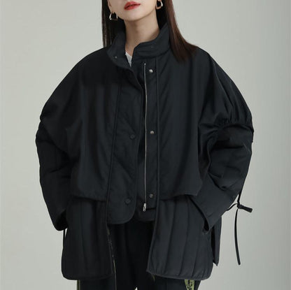 【24AW】【15～20日内発送】【アウター】ゆったり スタンドネック フェイクレイヤード 綿入れコート【AHシリーズ】