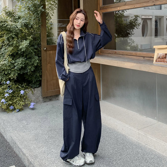 2点セット！【セットアップ】スポーティカジュアル ハイカラー フェイクツーインワン フーディー ジャケット + カーゴワイドパンツ セットアップ 上下セット【JZシリーズ】