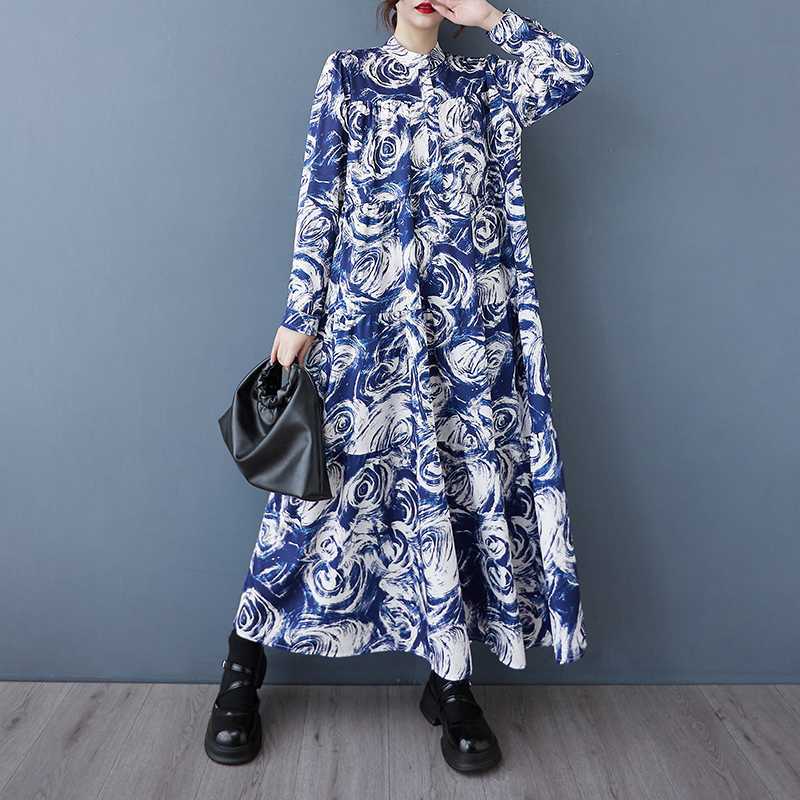 【ワンピース】韓国風 春秋新作 ゆったり大きめサイズ 体型カバー 花柄長袖ミディアムワンピース【SHシリーズ】